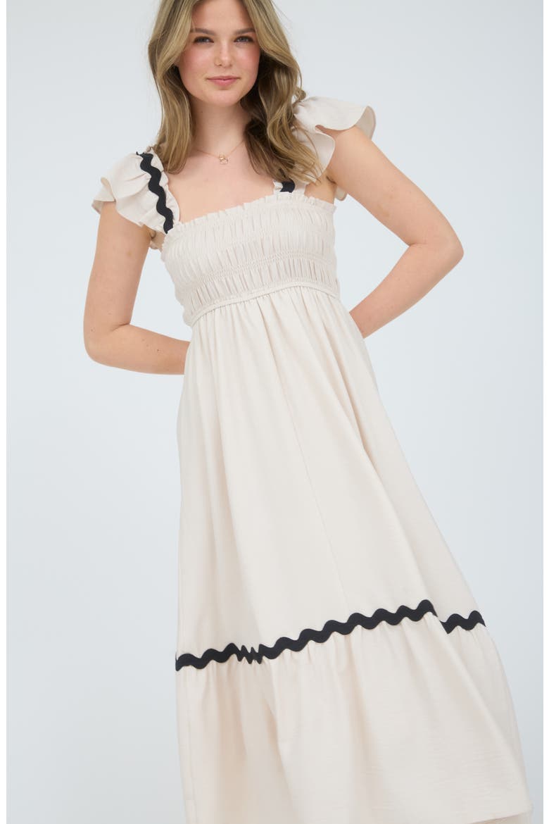 Wavy Ribbon Tiered Midi Dress, Alternate, color, LIGHT KHAKI