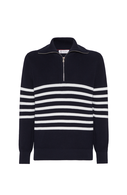 Brunello Cucinelli Striped Ribbed Cotton Half-zip Sweater