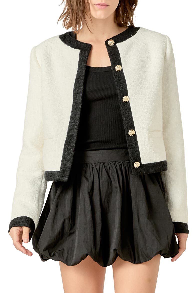 Collarless Tweed Jacket, Main, color, WHITE/ BLACK