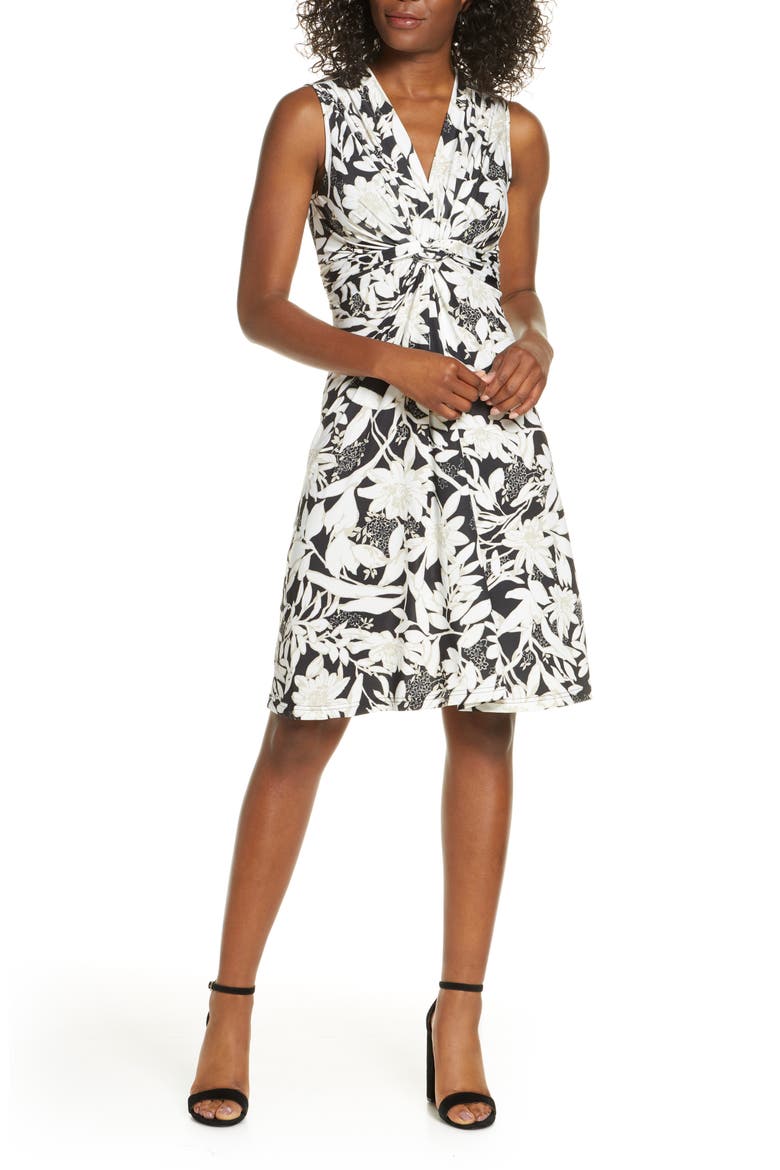 Floral Twist Front Knit Dress, Main, color, BLACK DAISY