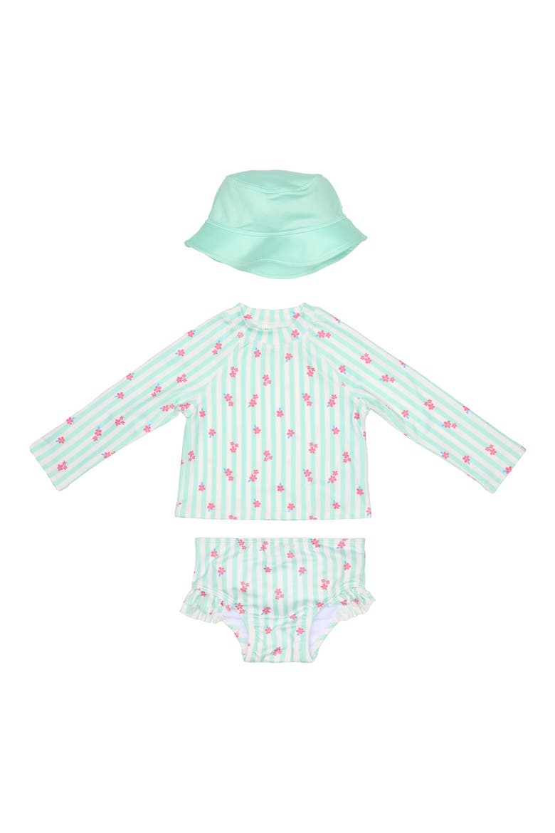 Two-Piece Rashguard Swimsuit & Bucket Hat Set, Main, color, TURQUOISE STRIPE