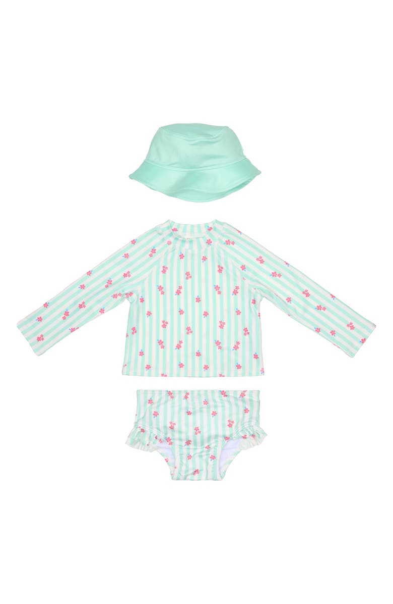 PL Baby by Petit Lem Two-Piece Rashguard Swimsuit & Bucket Hat Set, Main, color, Turquoise Stripe