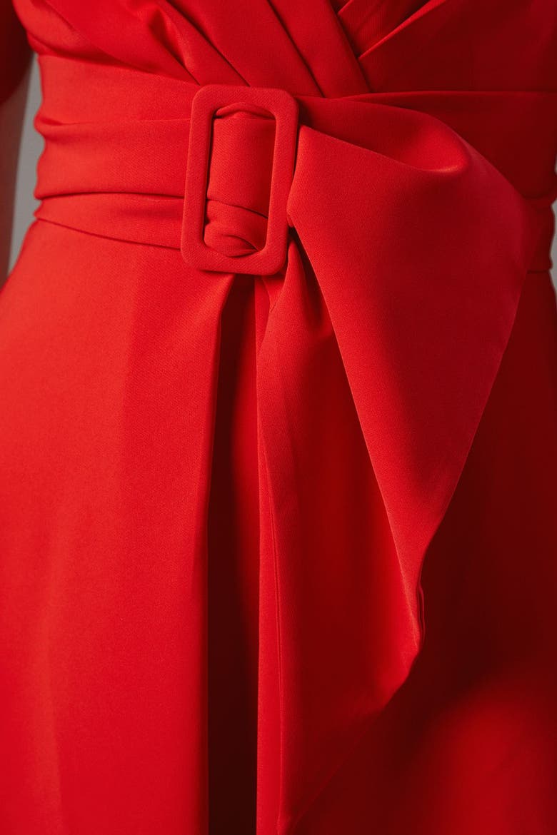 Belted Crepe V-Neck Midi Dress, Alternate, color, Flame Red