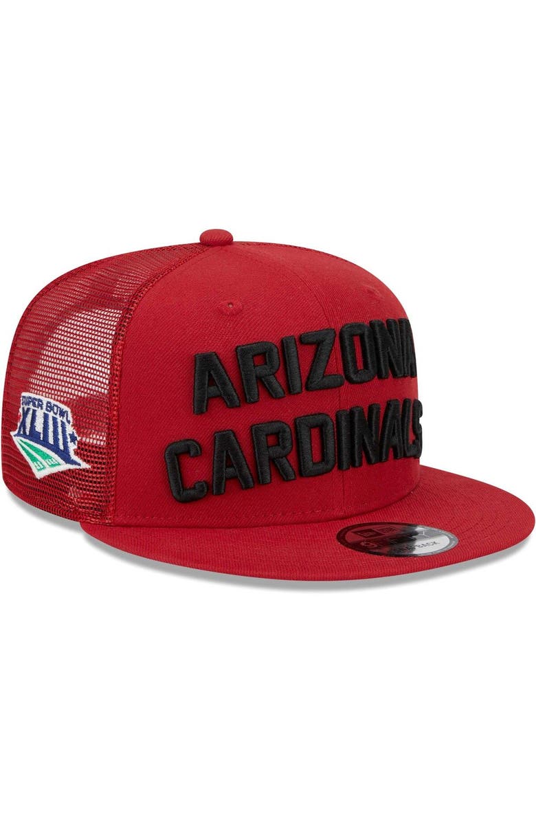 New Era Men's New Era Cardinal Arizona Cardinals Stacked Trucker 9FIFTY Snapback Hat, Main, color,