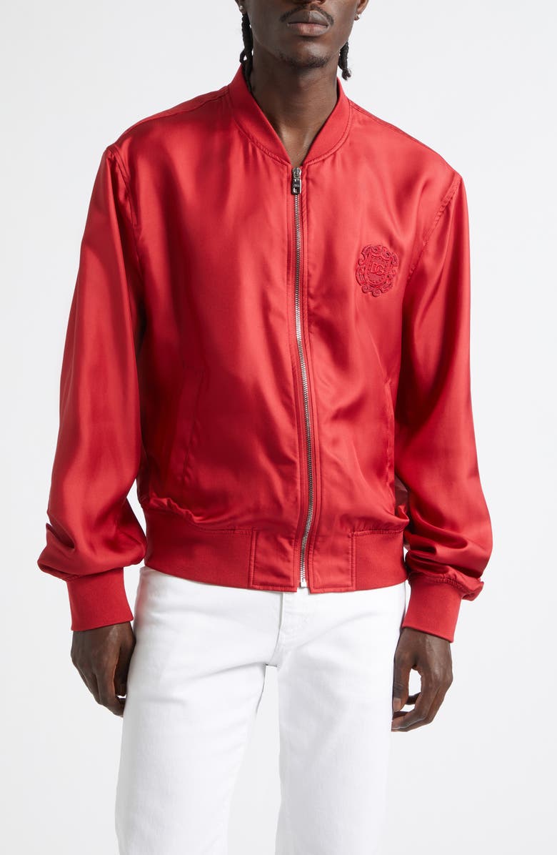 Dolce&Gabbana Silk Satin Baseball Jacket, Main, color, R0012 Rosso Scuro