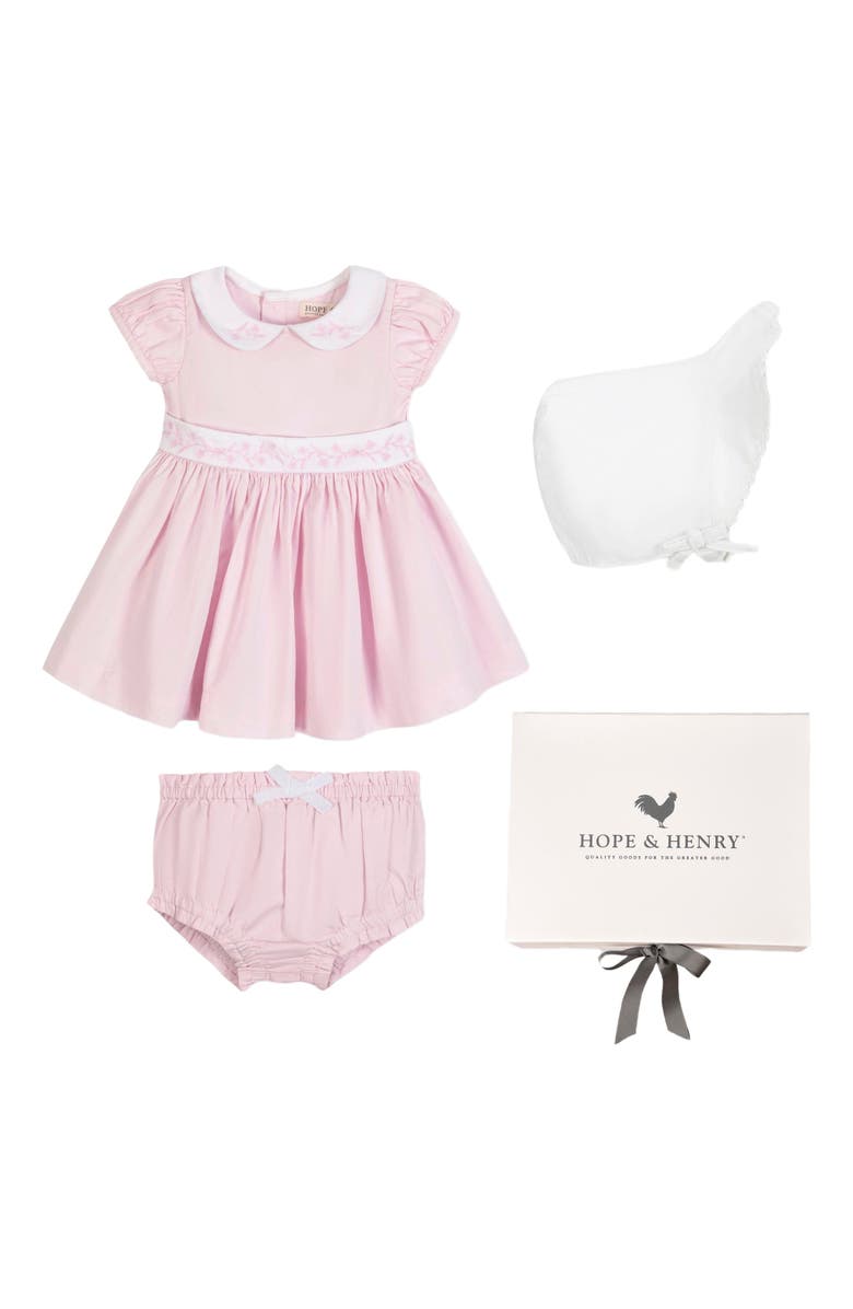 Hope & Henry Baby 3 Piece Sateen Dress with Peter Pan Collar and Bonnet Boxed Gift Set, Infant, Main, color,
