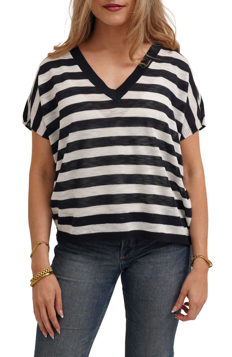 CYRUS Striped V Neck Cap Sleeve Sweater, Main, color, Eclipse/ Bone