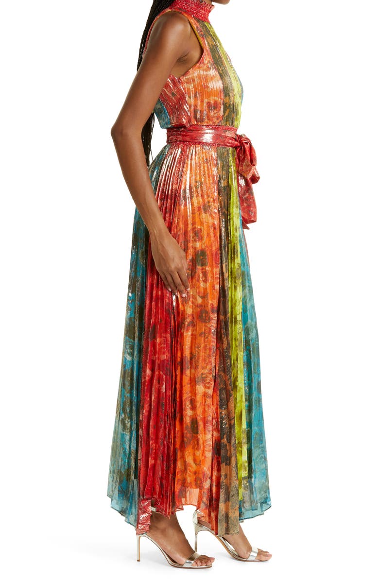 Alice + Olivia Mertie Metallic Stripe Floral Maxi Dress, Alternate, color, 