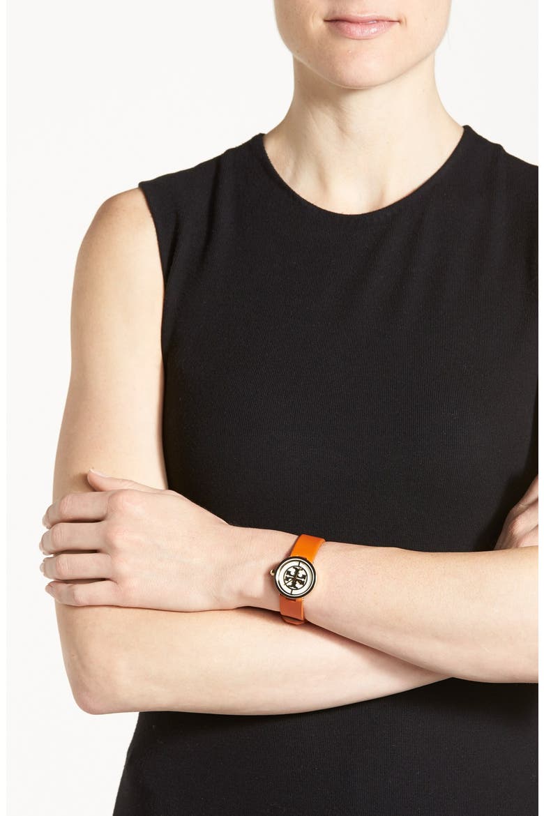 'Reva' Logo Dial Leather Strap Watch, 28mm, Alternate, color, ORANGE/ GOLD