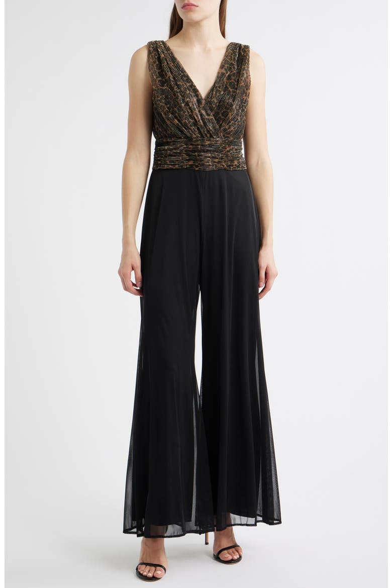 Metallic Leopard Print Bodice Chiffon Jumpsuit, Main, color, BLACK