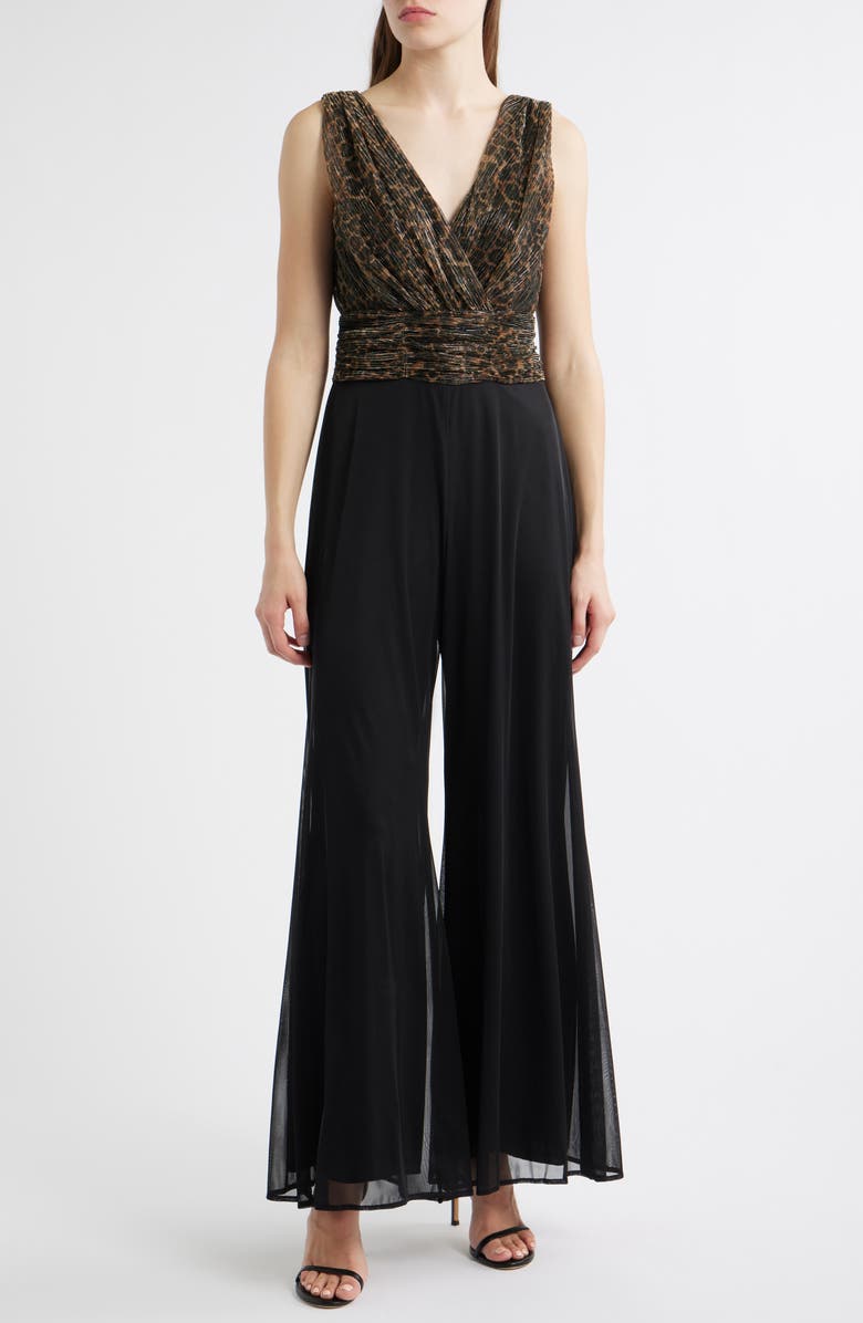 Connected Apparel Metallic Leopard Print Bodice Chiffon Jumpsuit, Main, color, Black