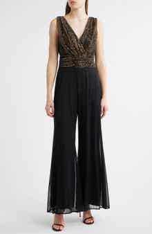 Connected Apparel Metallic Leopard Print Bodice Chiffon Jumpsuit