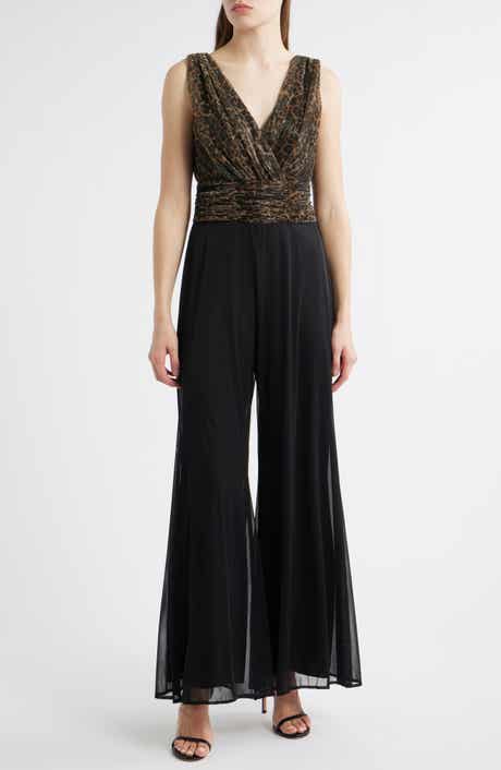 Connected Apparel Metallic Leopard Print Bodice Chiffon Jumpsuit