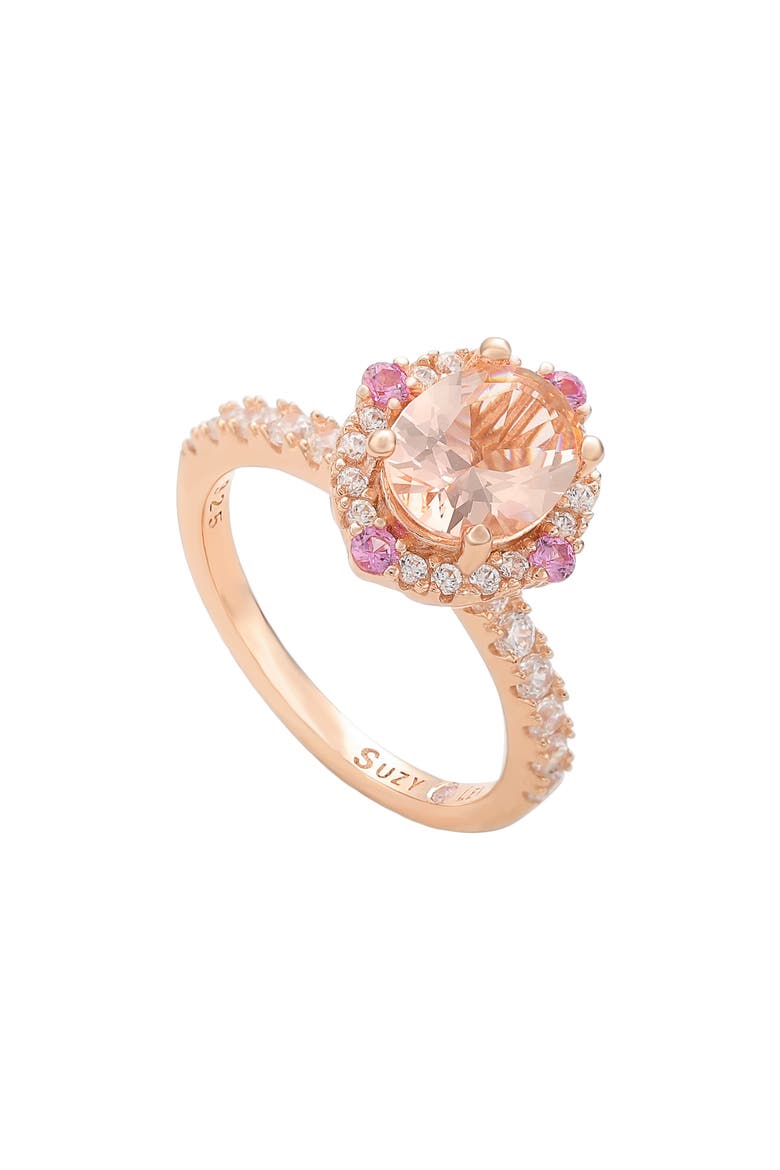 Rose Gold Sterling Silver Oval Cut CZ Halo Ring, Main, color, PINK