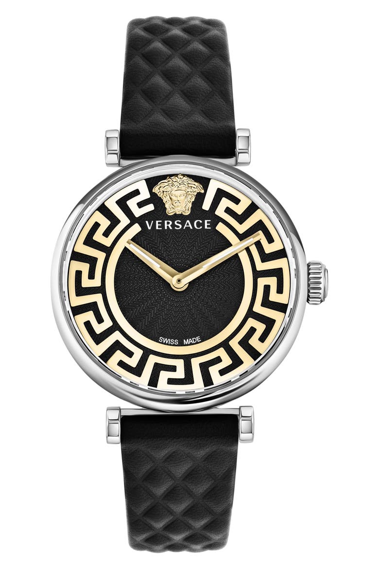Greca Chic Leather Strap Watch, 35mm, Main, color, STAINLESS STEEL