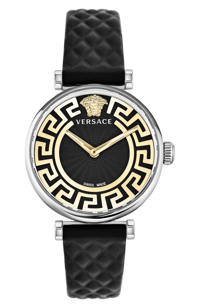 Versace Greca Chic Leather Strap Watch, 35mm, Main, color, Stainless Steel