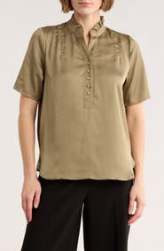 T Tahari Ruffle Split Neck Short Sleeve Top
