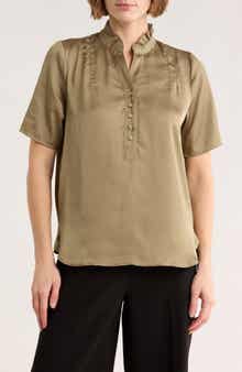 T Tahari Ruffle Split Neck Short Sleeve Top