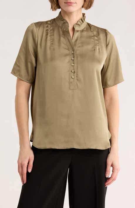 T Tahari Ruffle Split Neck Short Sleeve Top