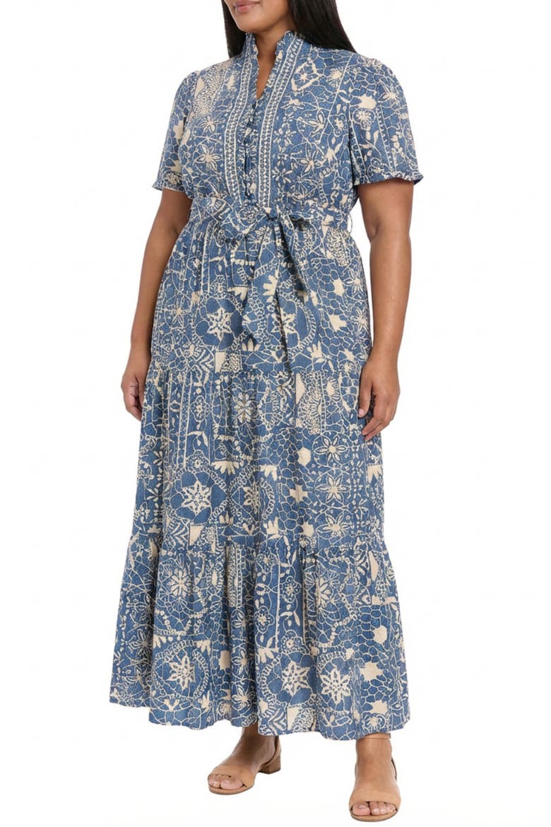 Embroidered Tiered Maxi Dress, Alternate, color, BLUE/ WHITE