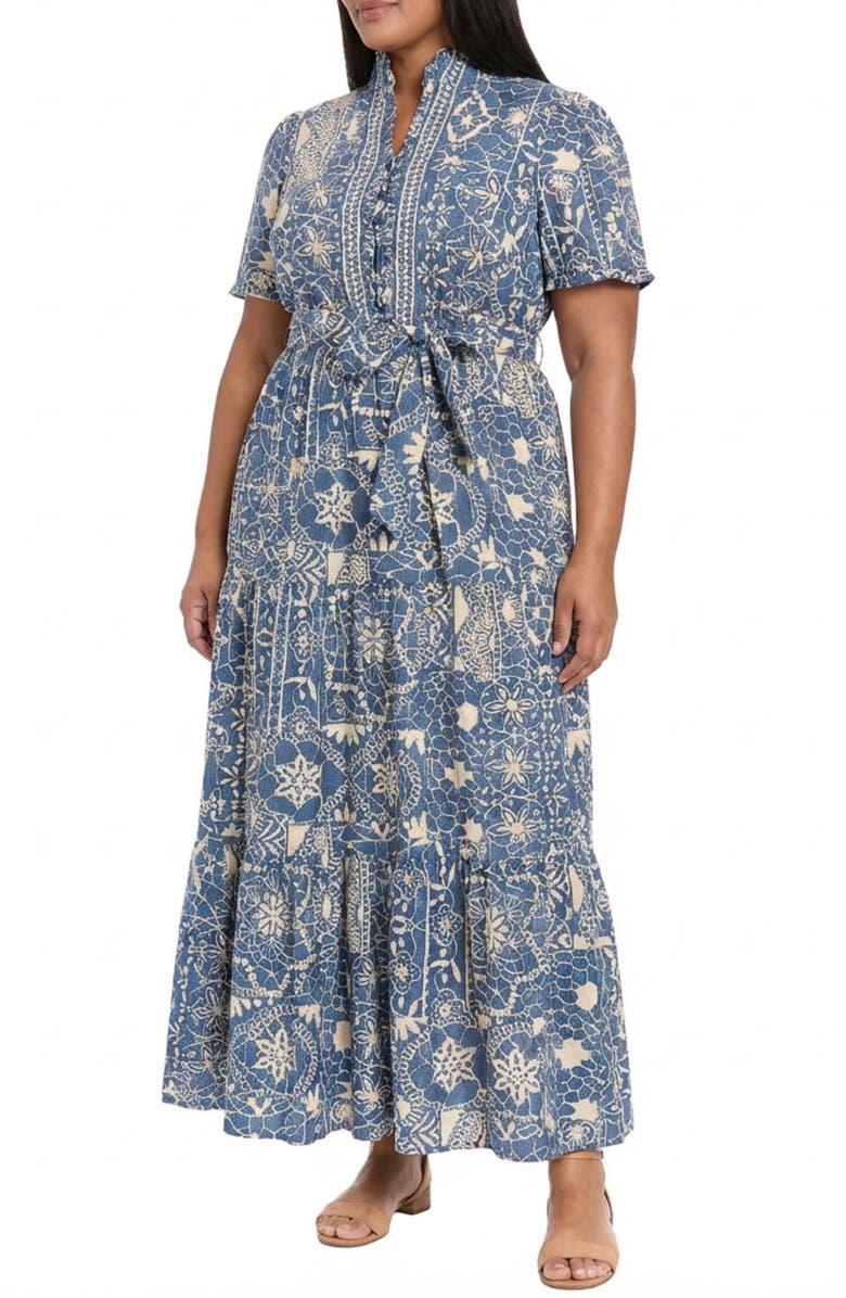 London Times Embroidered Tiered Maxi Dress, Alternate, color, Blue/ White