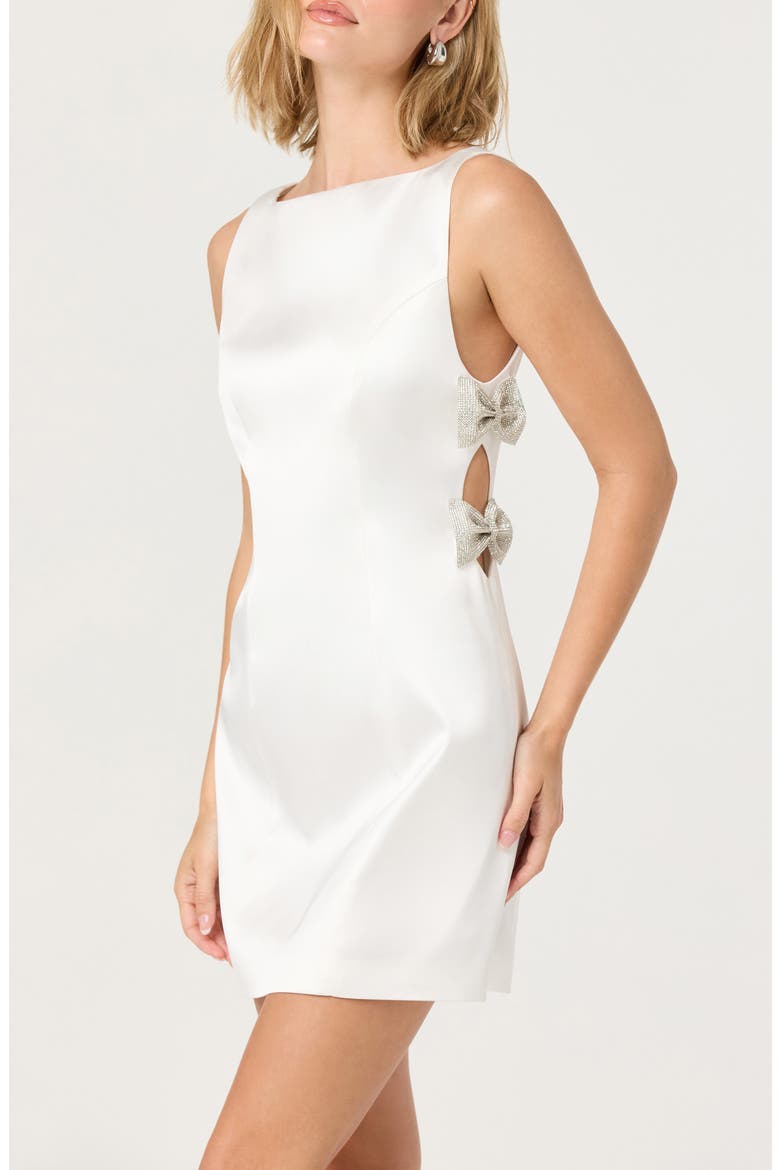 Kinsey Embellished Bow Satin Minidress, Main, color, WHITE