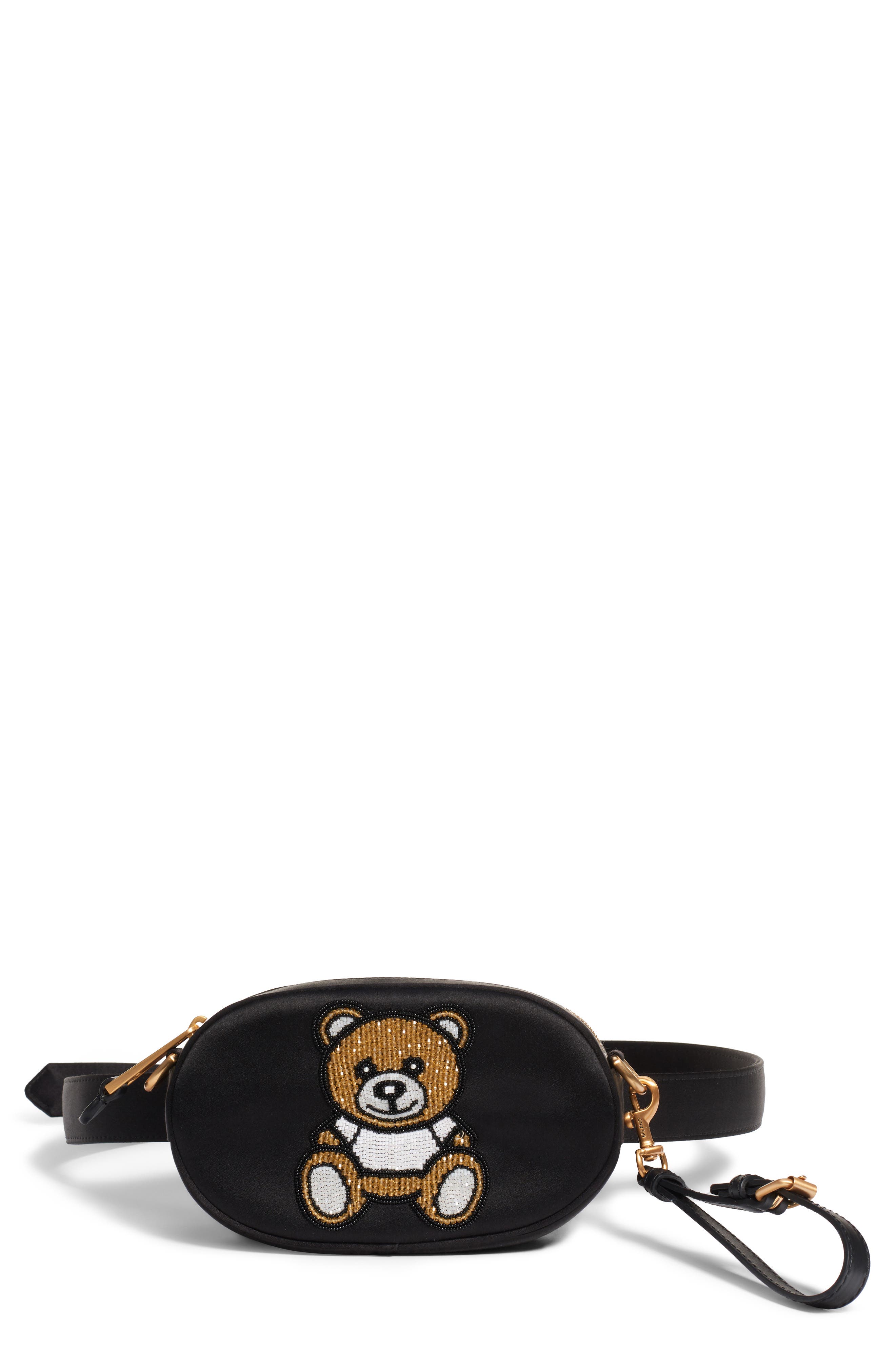 Moschino Beaded Teddy Satin Pouch, Main, color, 