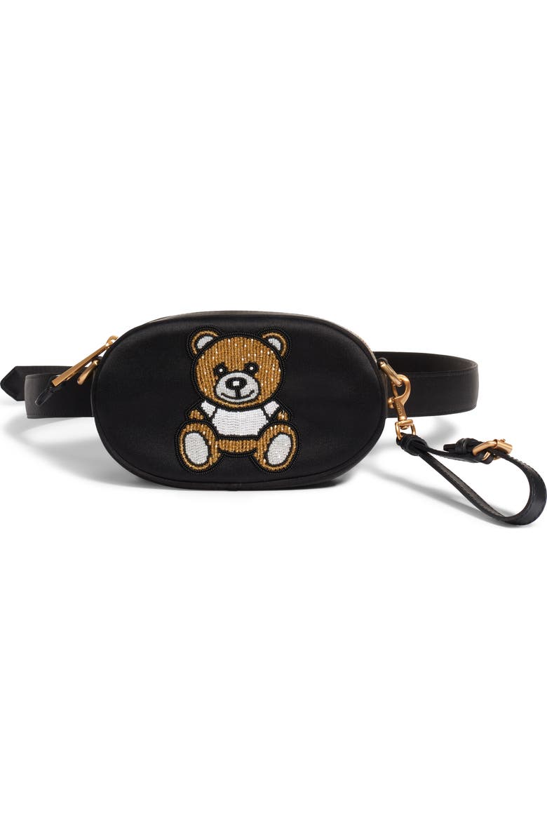Moschino Beaded Teddy Satin Pouch, Main, color,
