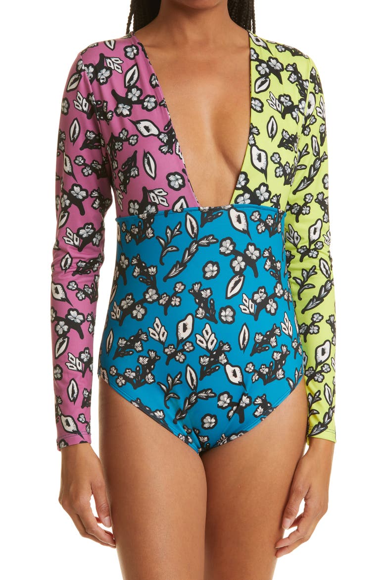 Chlo Floral Plunge Neck Bodysuit, Alternate, color, MIXED FLORAL