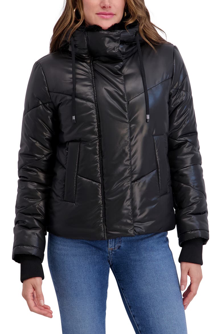 Faux Fur Lined Hood Short Puffer Jacket, Alternate, color, BLACK