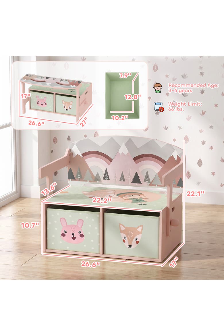 Kids Toy Box Chest, 3-in-1 Convertible Storage Chest with 2 Non-Woven Drawers for Bedroom, Kids Room, Wooden Toy Box Gift for Ages 3-6, Pink, Alternate, color, Pink