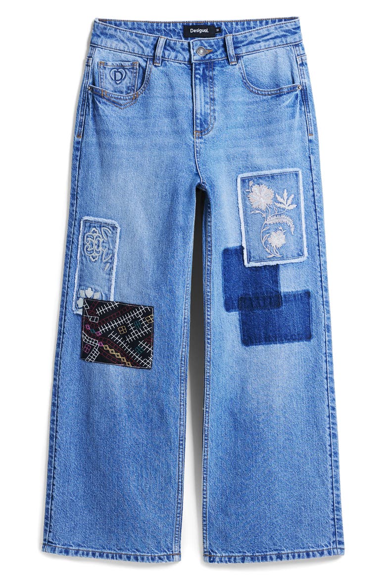 Patched Mid Rise Crop Wide Leg Jeans, Alternate, color, MEDIUM BLUE