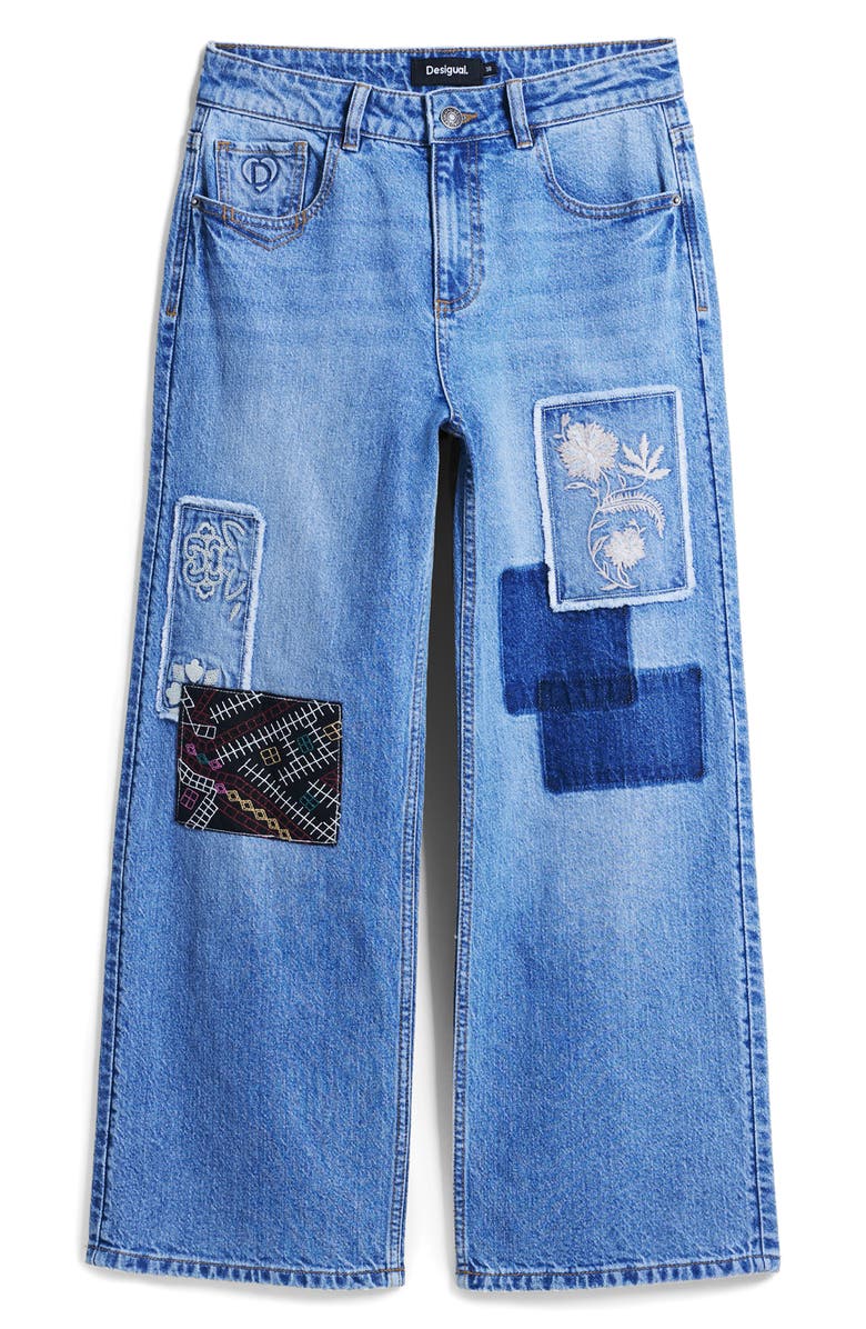 Desigual Patched Mid Rise Crop Wide Leg Jeans, Alternate, color, Medium Blue