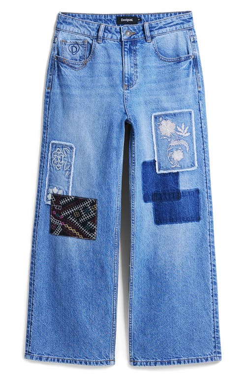 Desigual Patched Mid Rise Crop Wide Leg Jeans In Multi