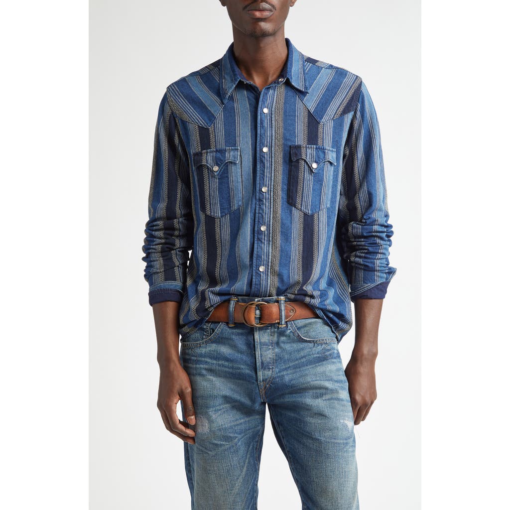 Double RL Stripe Cotton Snap-Up Western Shirt in Indigo/Multi