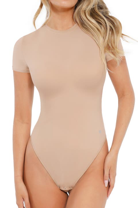 CloudSense Short Sleeve Crew Neck Tummy Control Shapewear Bodysuit