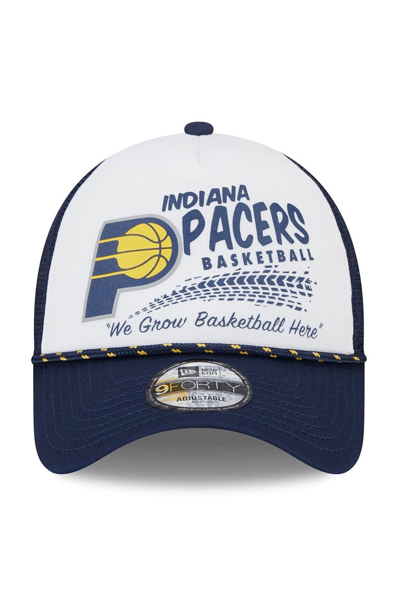 New Era Men's New Era White/Navy Indiana Pacers Burnout Print A-Frame 9FORTY Trucker Hat, Alternate, color,