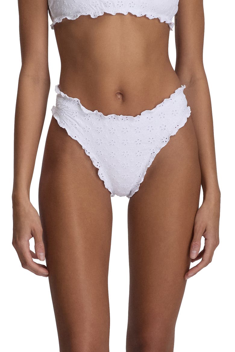 Ruffle Eyelet High Leg Scoop Bikini Bottoms, Main, color, WHITE