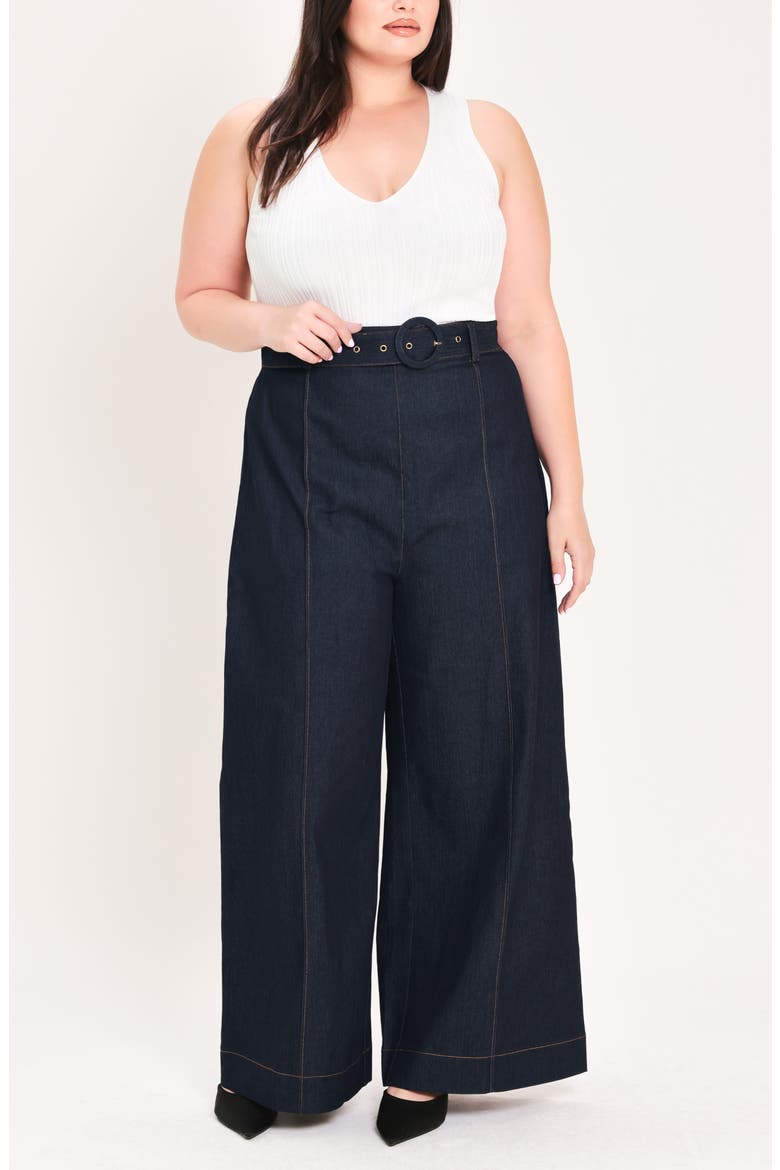 Belted High Waist Wide Leg Jeans, Alternate, color, DARK DENIM