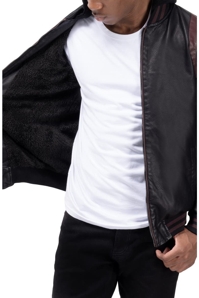 Stripe Faux Leather Hooded Moto Jacket with Faux Fur Lining, Alternate, color, BLACK/ BURGUNDY