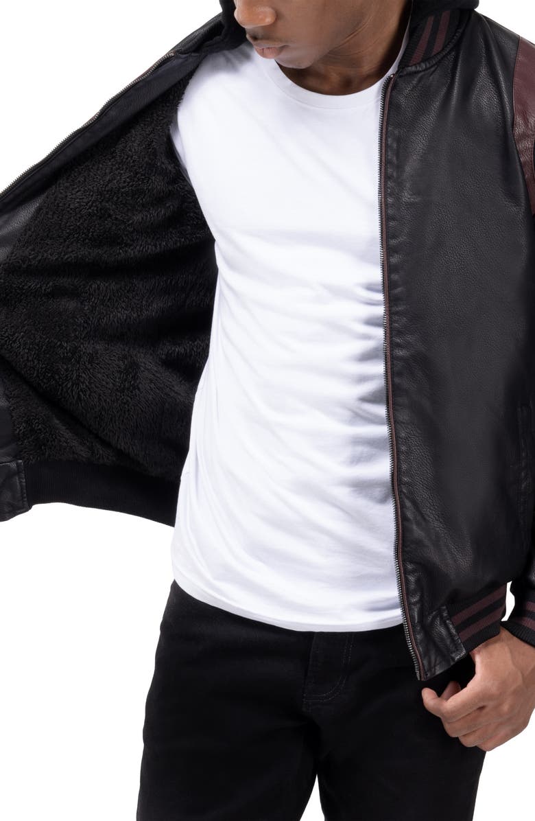 XRAY Stripe Faux Leather Hooded Moto Jacket with Faux Fur Lining, Alternate, color, Black/ Burgundy