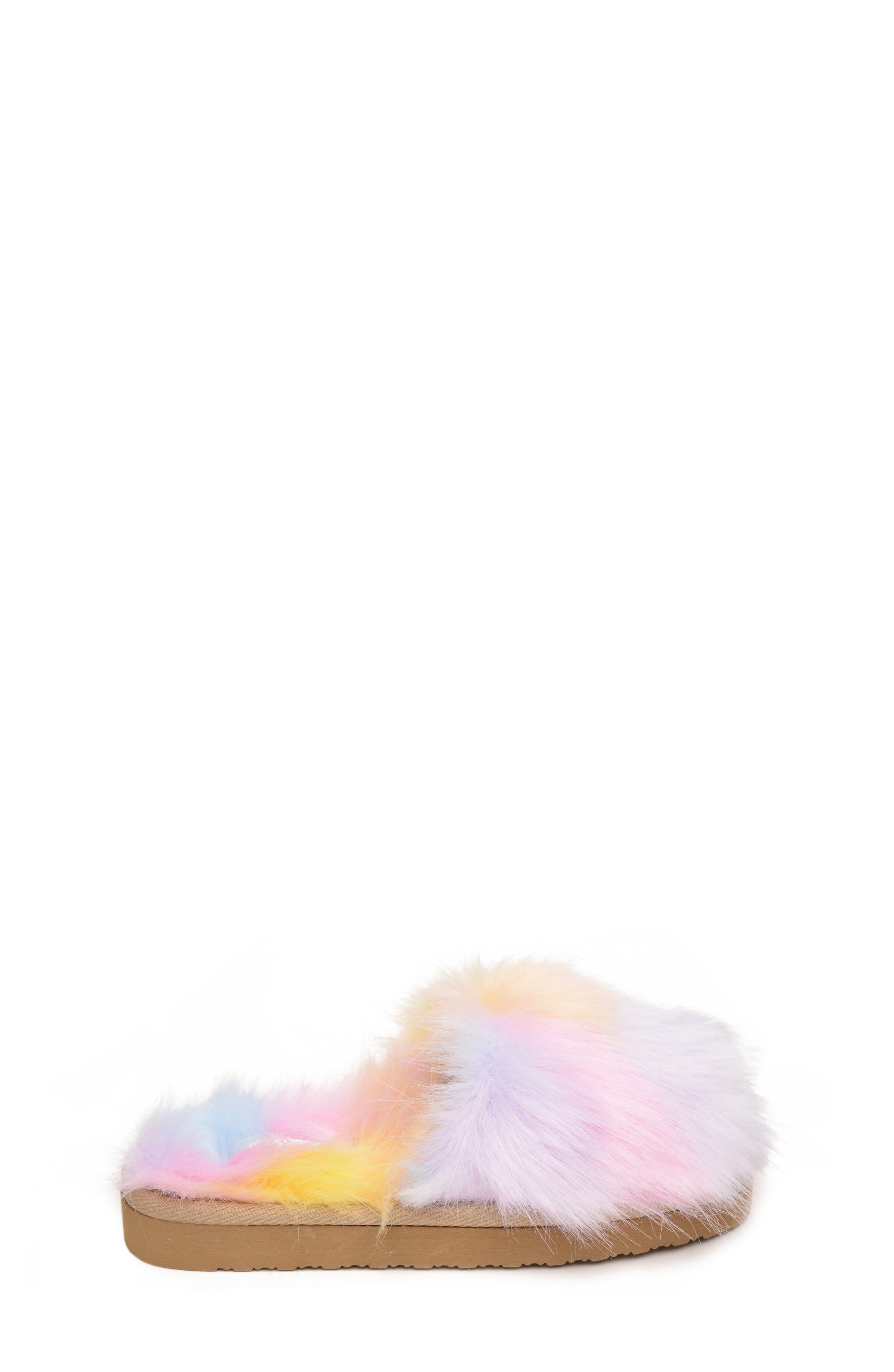 Minnetonka Lyla Faux Fur Slide Slipper, Alternate, color, Pink Unicorn