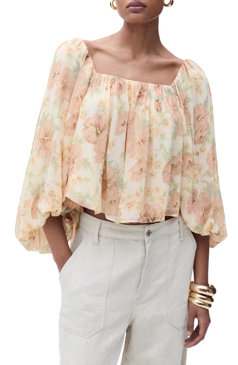 MANGO Open Back Puff Sleeve Chiffon Top, Main, color, Ecru