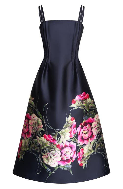 Kay Unger Margot Placed Floral A-line Cocktail Dress In Midnight Blue