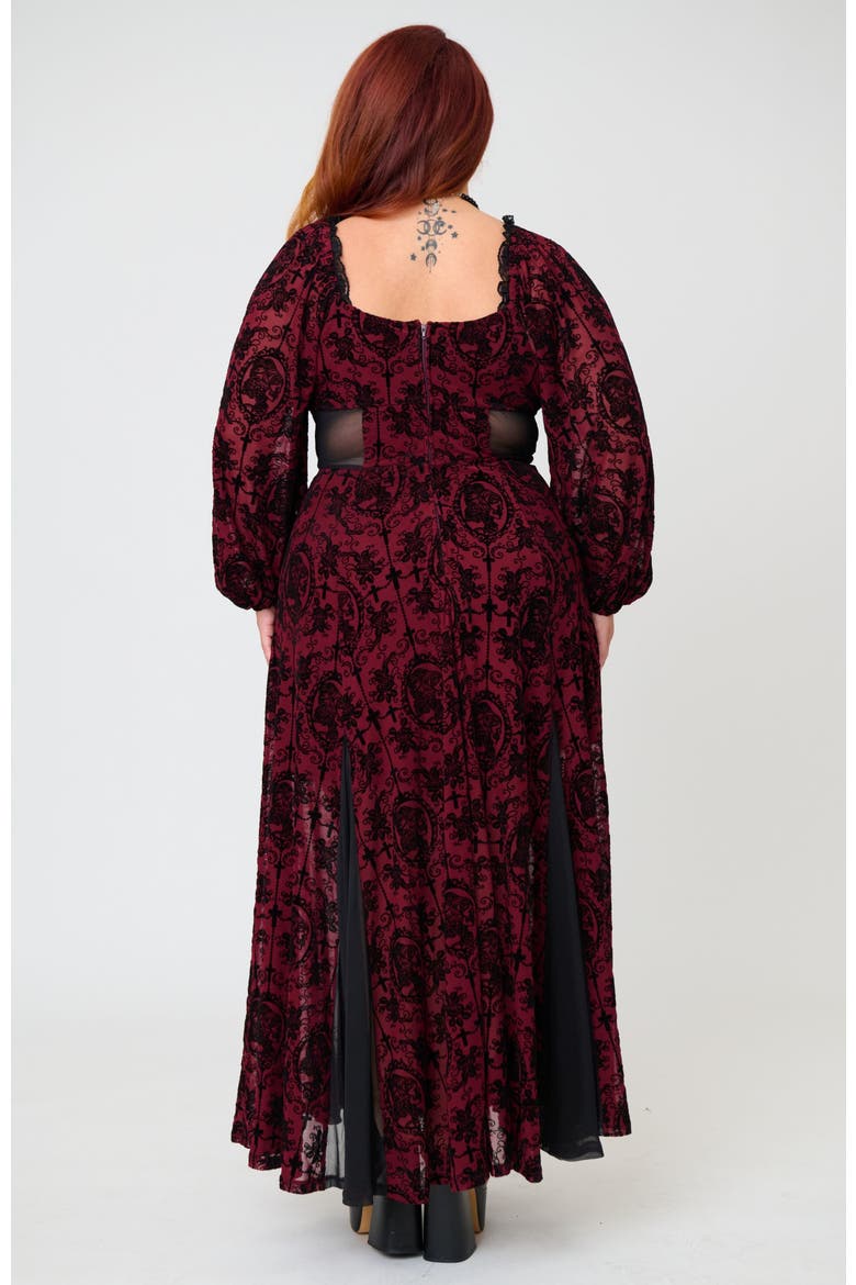 Plus Size Sheer Spiderweb Godet Maxi Dress, Alternate, color, Red Swirling Floral Print