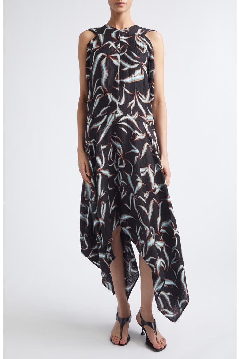 Sybella Handkerchief Hem Linen & Silk Metalassé Midi Dress, Main, color, BLACK