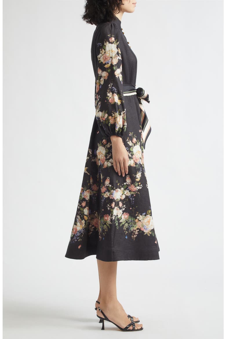 Valiant Floral Long Sleeve Linen Midi Dress, Alternate, color, BLACK BOUQUET