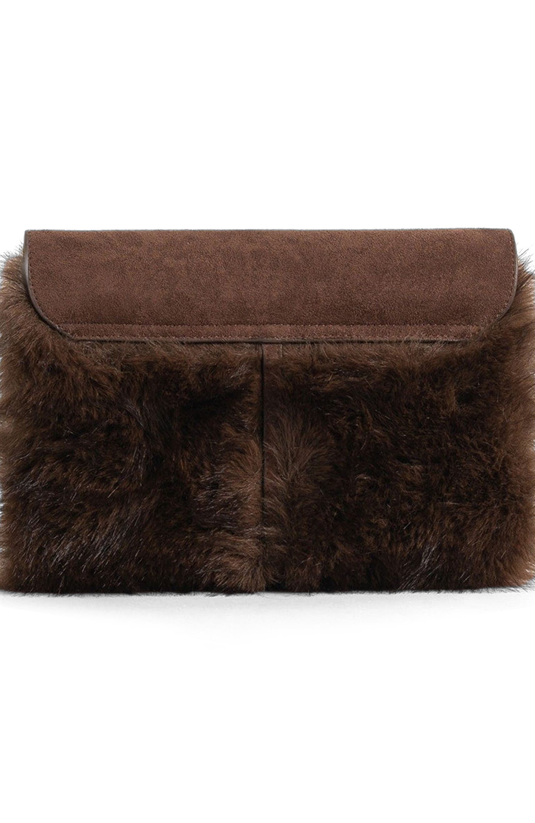 Aliya Fur & Suede Clutch Bag, Alternate, color, Brown