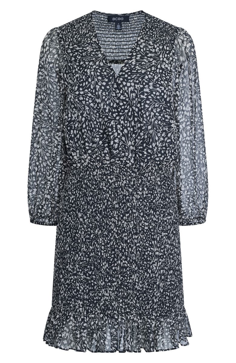 BCBG Floral Smocked Chiffon Minidress, Main, color, Black Multi