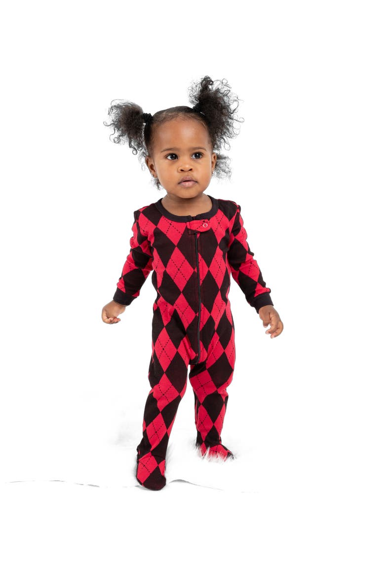 Kids Footed Printed Cotton Matching Family Holiday Pajamas, Argyles & Holiday Prints, Alternate, color, Argyle Black & Red